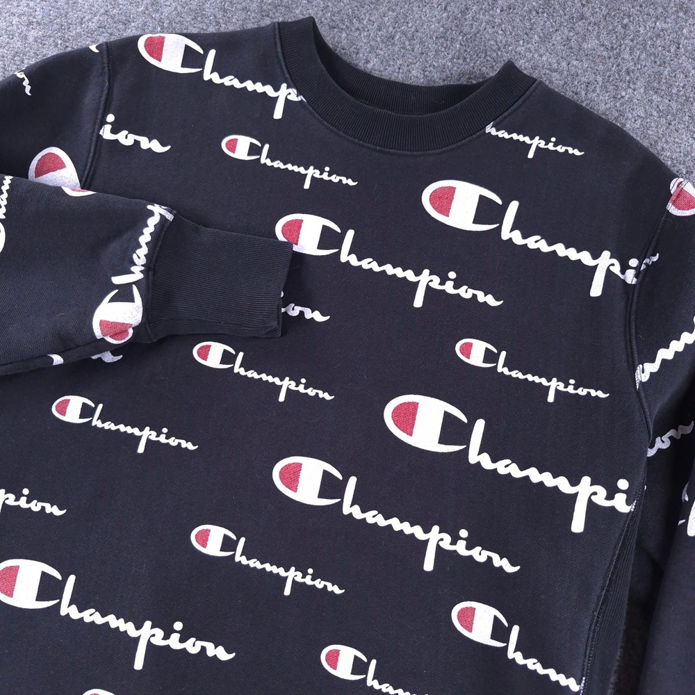Champion Reverse Weave All Over Print Logo Sweatshirt Black Mens Medium